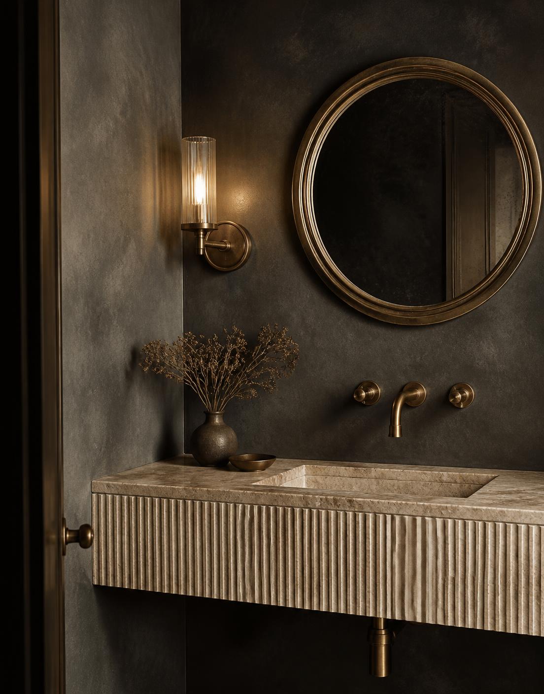 Charcoal cloakroom with fluted travertine vanity, aged brass tap and round antique mirror
